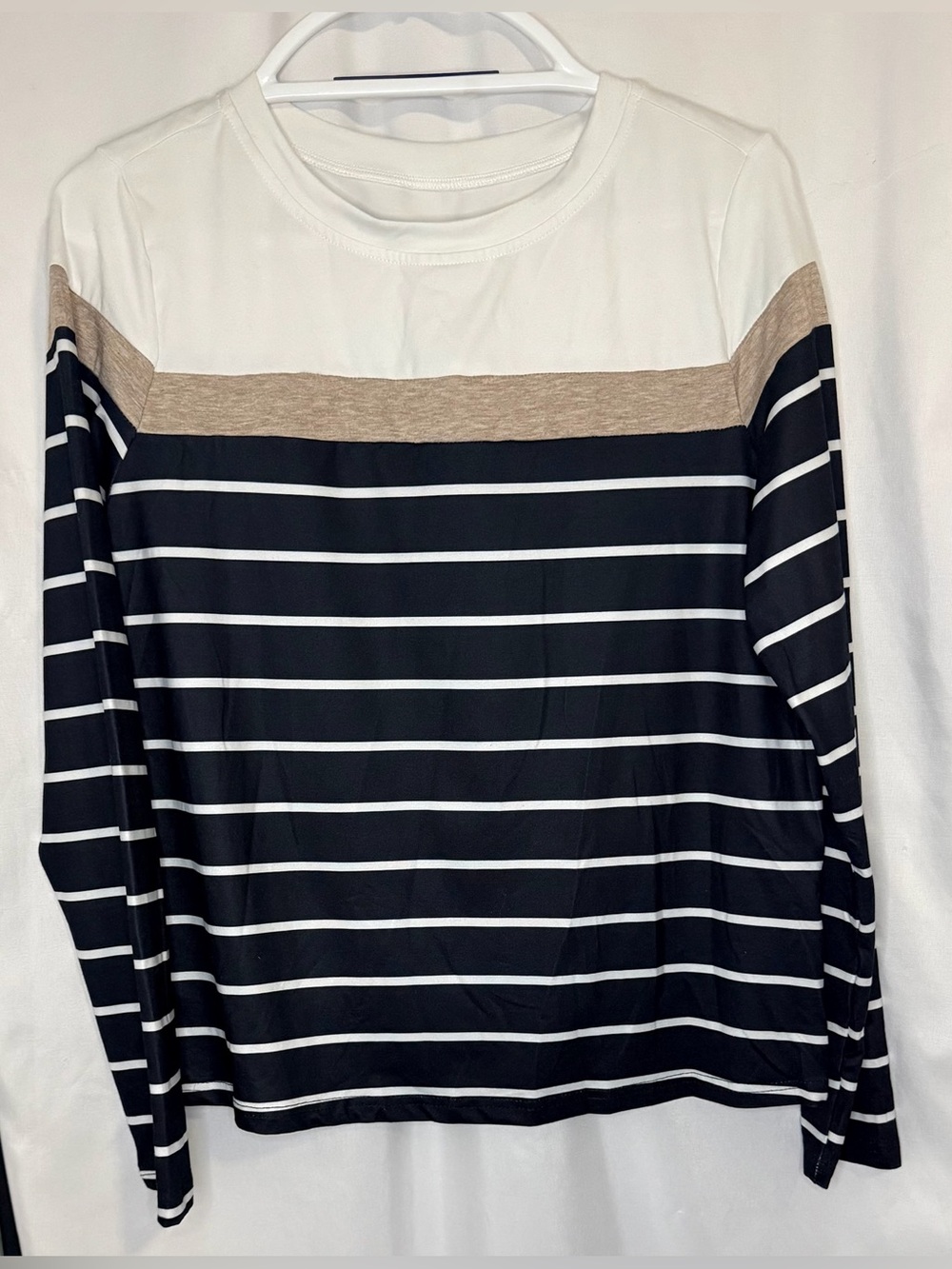 SHEIN White, Black & Tan Striped Long Sleeve Crewneck Tee